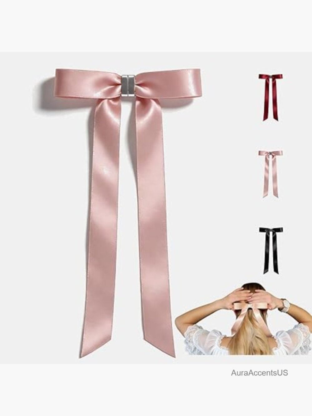 Satin Bow Hair Clip with Long Ribbon, Magnetic Closure for Strong Hold